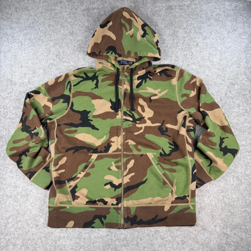 Polo Ralph Lauren Woodland Camo Hoodie Mens XL Full Zip Fleece Pony Logo